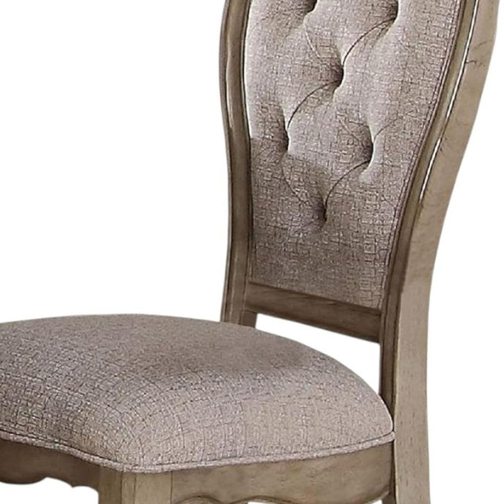 Set of Two Tufted Beige and Taupe Upholstered Fabric and Solid Wood Dining Side Chairs