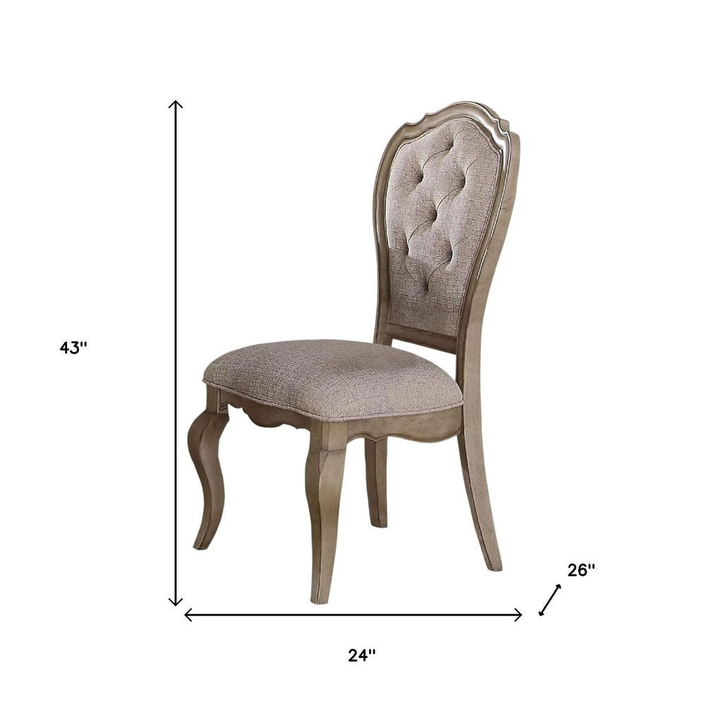 Set of Two Tufted Beige and Taupe Upholstered Fabric and Solid Wood Dining Side Chairs