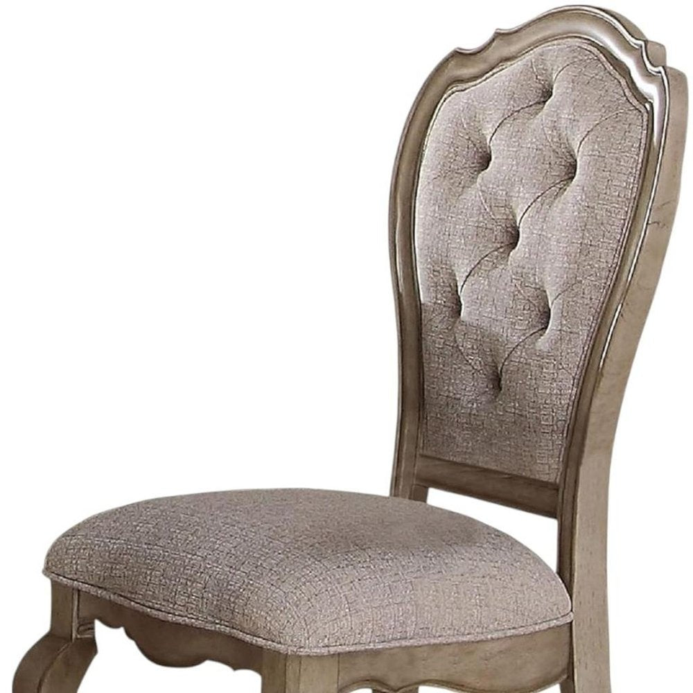 Set of Two Tufted Beige and Taupe Upholstered Fabric and Solid Wood Dining Side Chairs