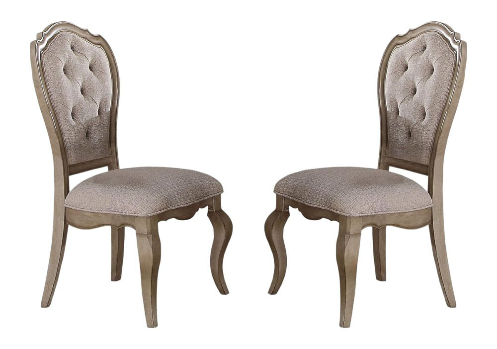 Set of Two Tufted Beige and Taupe Upholstered Fabric and Solid Wood Dining Side Chairs