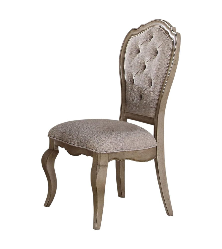 Set of Two Tufted Beige and Taupe Upholstered Fabric and Solid Wood Dining Side Chairs
