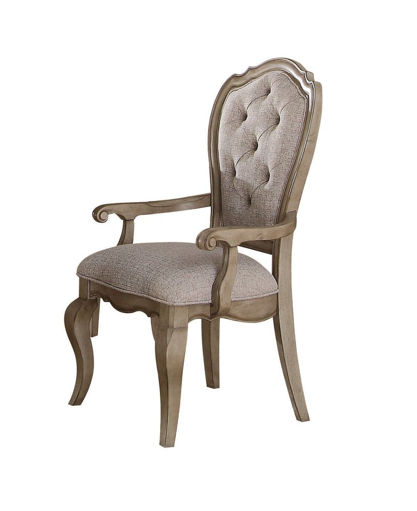 Set of Two Tufted Beige and Taupe Upholstered Fabric and Solid Wood Dining Arm Chairs