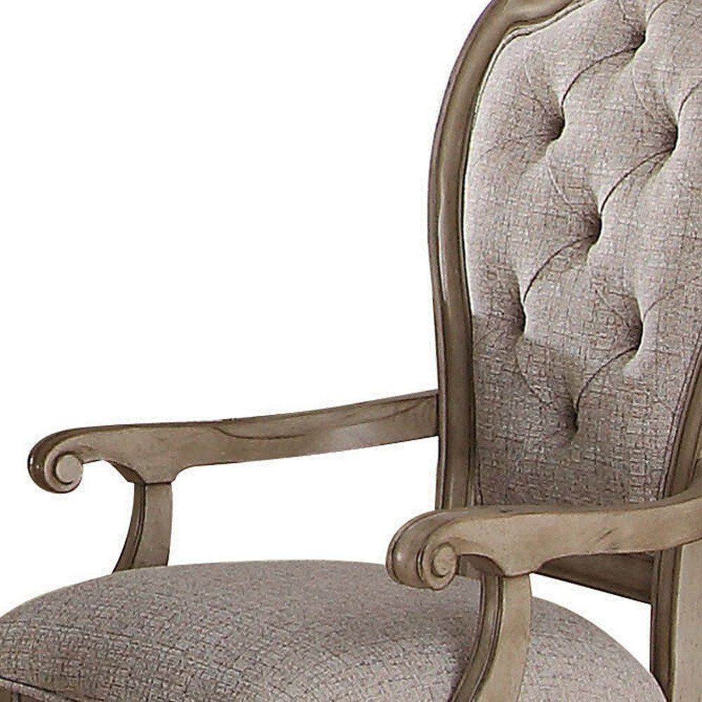 Set of Two Tufted Beige and Taupe Upholstered Fabric and Solid Wood Dining Arm Chairs