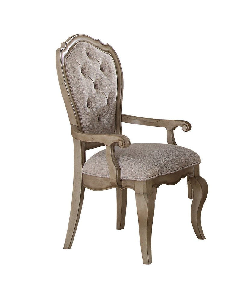 Set of Two Tufted Beige and Taupe Upholstered Fabric and Solid Wood Dining Arm Chairs