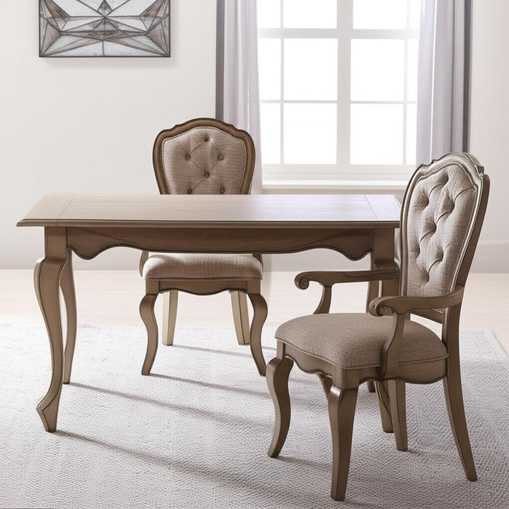 Set of Two Tufted Beige and Taupe Upholstered Fabric and Solid Wood Dining Arm Chairs