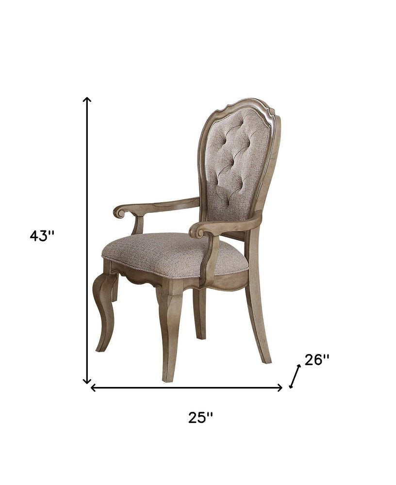 Set of Two Tufted Beige and Taupe Upholstered Fabric and Solid Wood Dining Arm Chairs