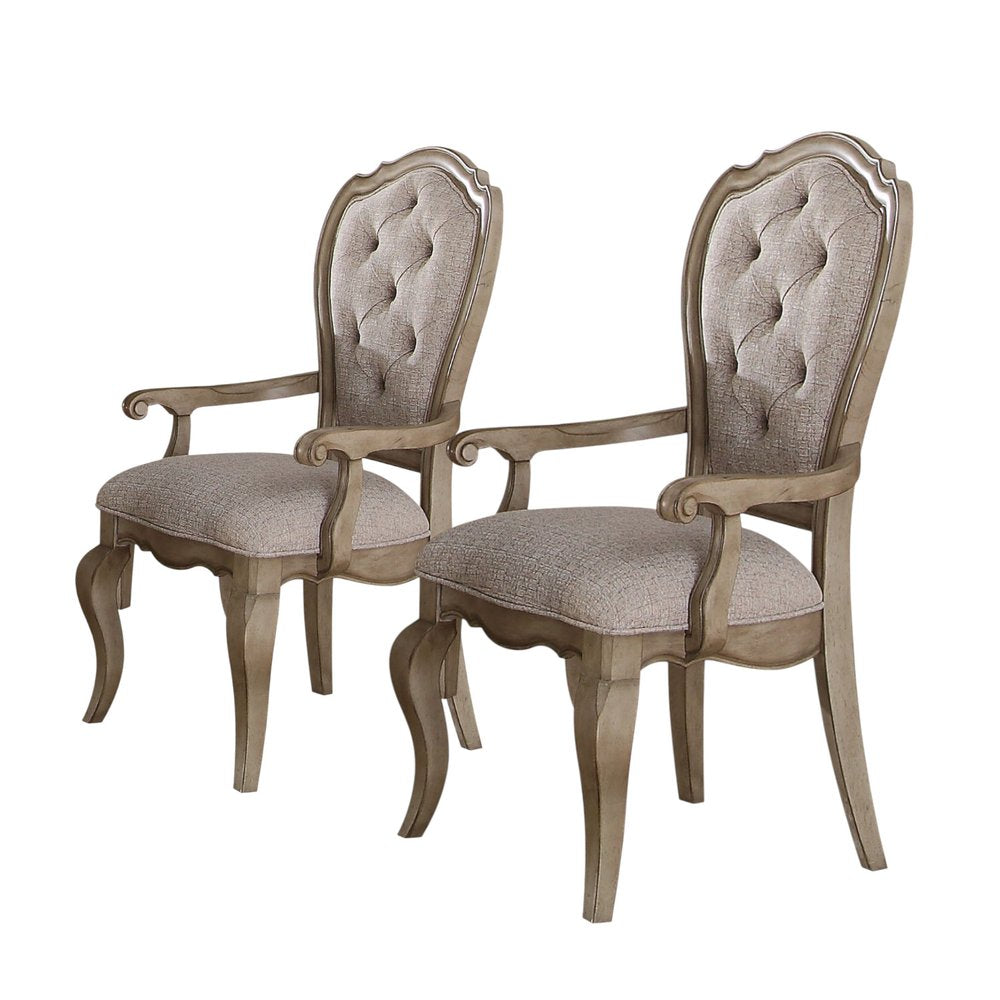 Set of Two Tufted Beige and Taupe Upholstered Fabric and Solid Wood Dining Arm Chairs