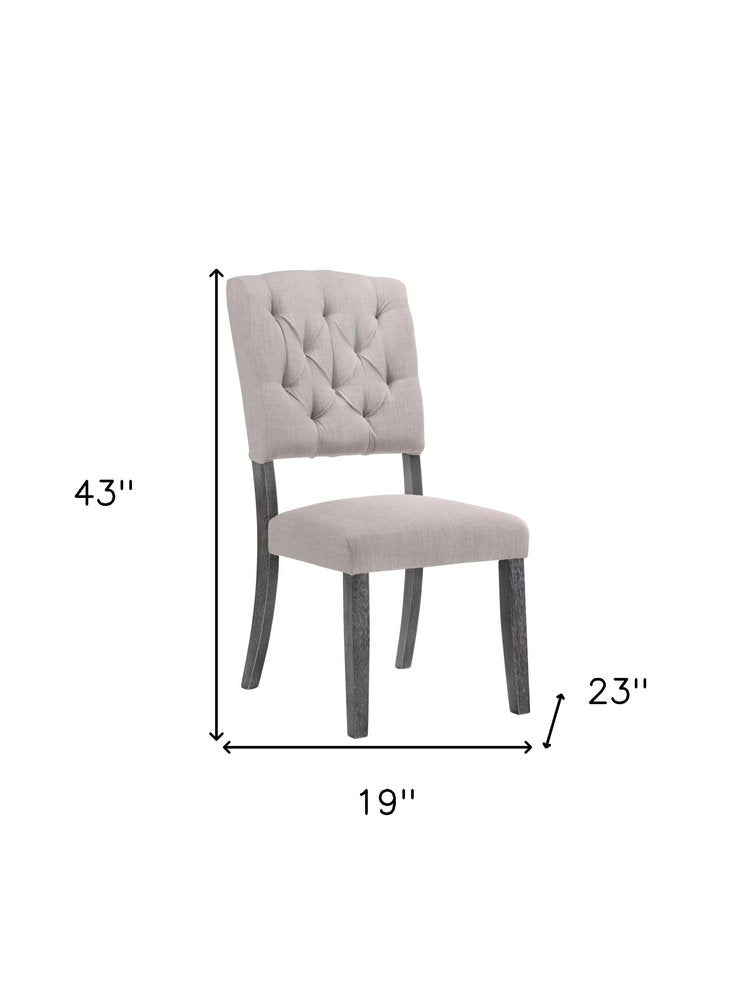 Set of Two Tufted Gray Upholstered Linen and Solid Wood Open Back Dining Side Chairs