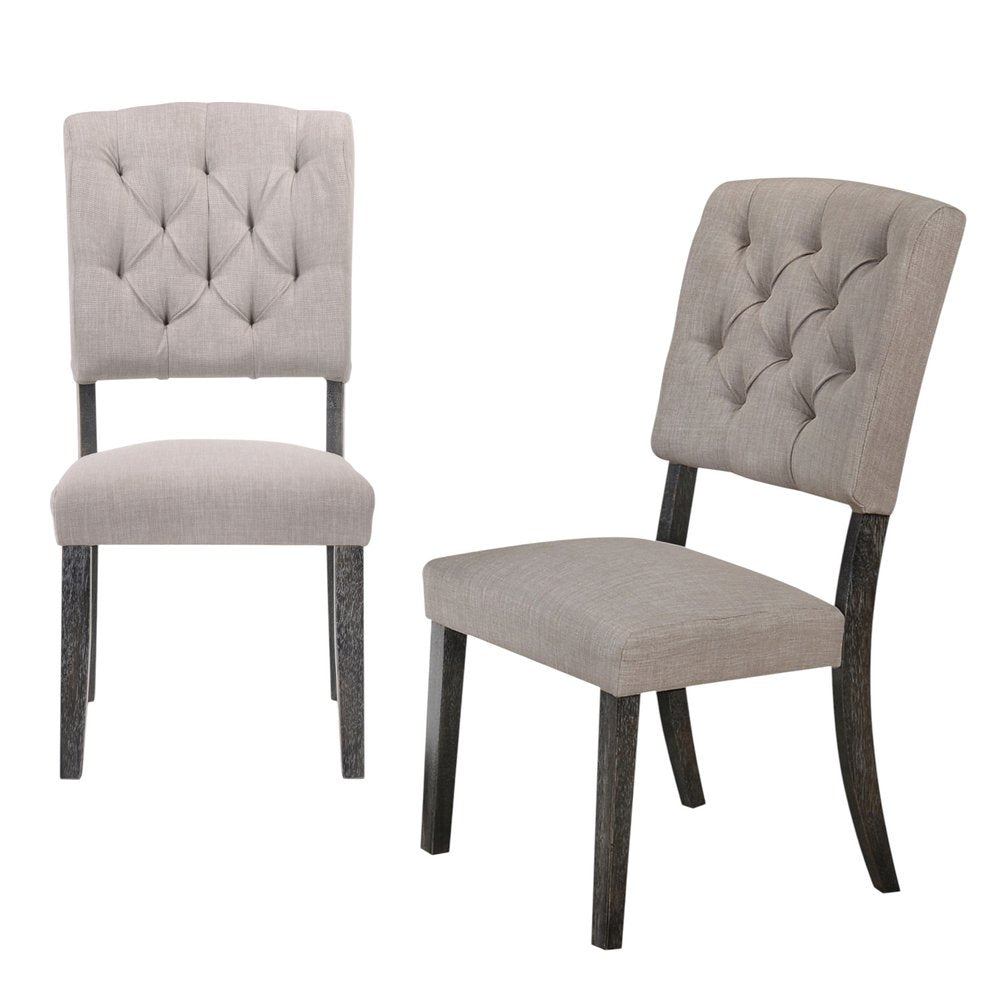 Set of Two Tufted Gray Upholstered Linen and Solid Wood Open Back Dining Side Chairs