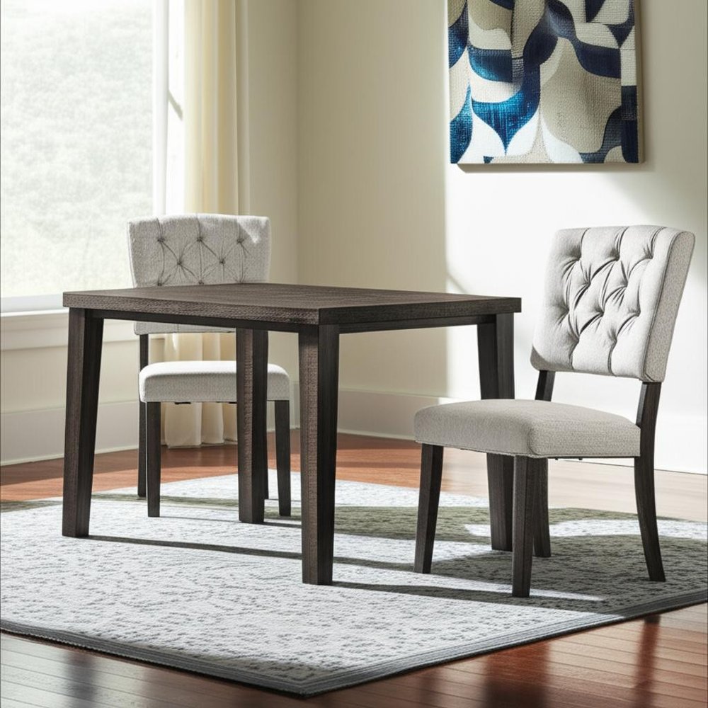 Set of Two Tufted Gray Upholstered Linen and Solid Wood Open Back Dining Side Chairs