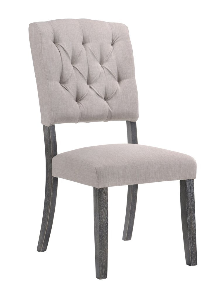 Set of Two Tufted Gray Upholstered Linen and Solid Wood Open Back Dining Side Chairs