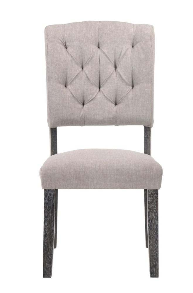 Set of Two Tufted Gray Upholstered Linen and Solid Wood Open Back Dining Side Chairs