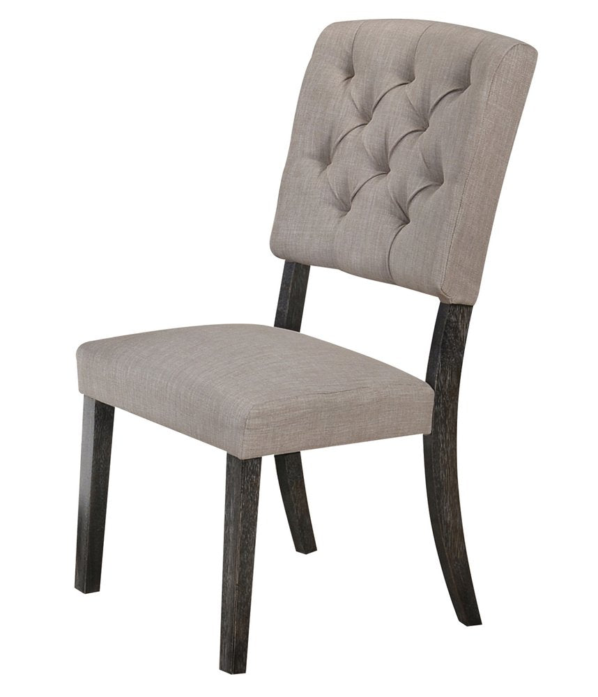 Set of Two Tufted Gray Upholstered Linen and Solid Wood Open Back Dining Side Chairs
