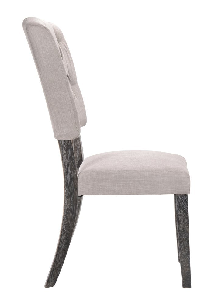Set of Two Tufted Gray Upholstered Linen and Solid Wood Open Back Dining Side Chairs