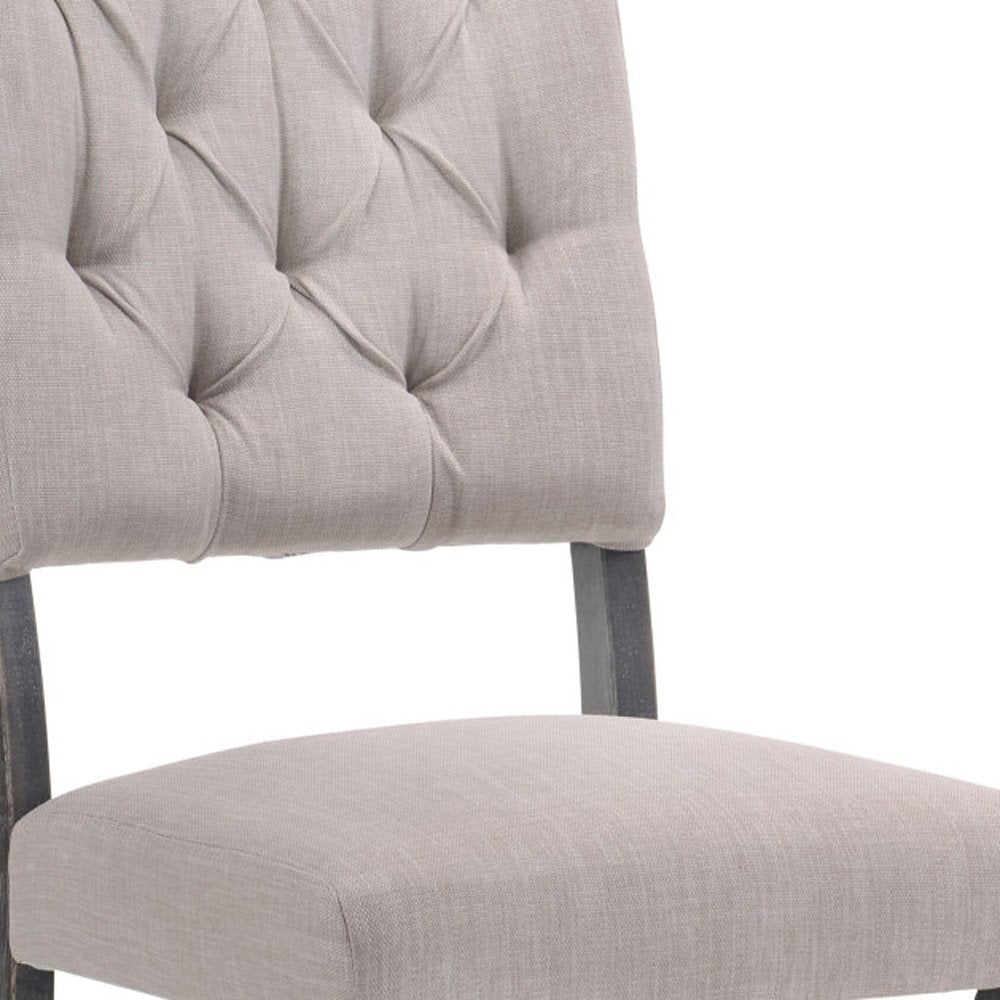 Set of Two Tufted Gray Upholstered Linen and Solid Wood Open Back Dining Side Chairs