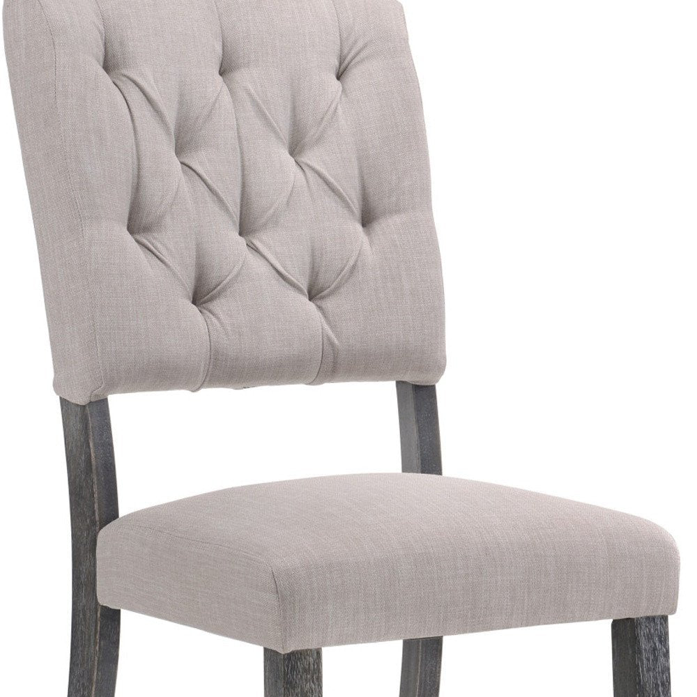 Set of Two Tufted Gray Upholstered Linen and Solid Wood Open Back Dining Side Chairs