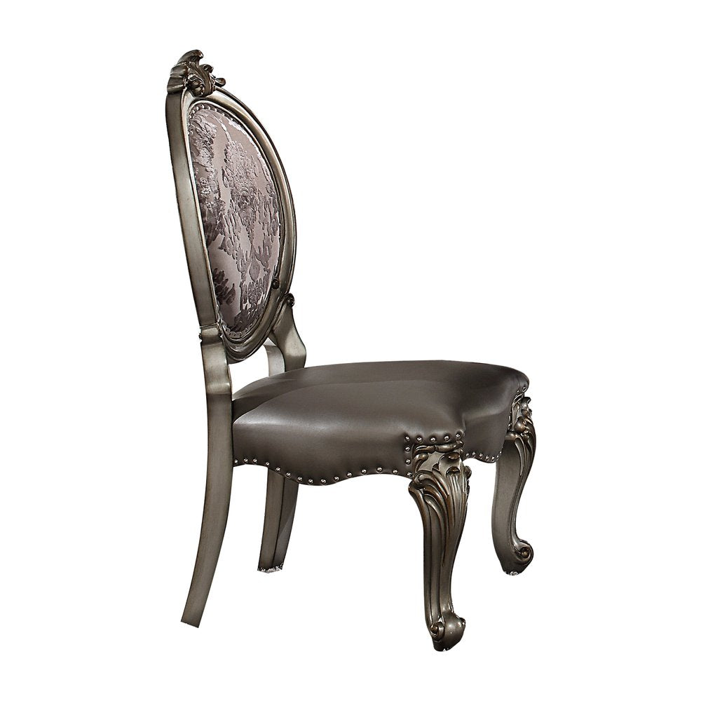 Set of Two Silver and Platinum Upholstered Faux Leather and Solid Wood King Louis Back Dining Side Chairs