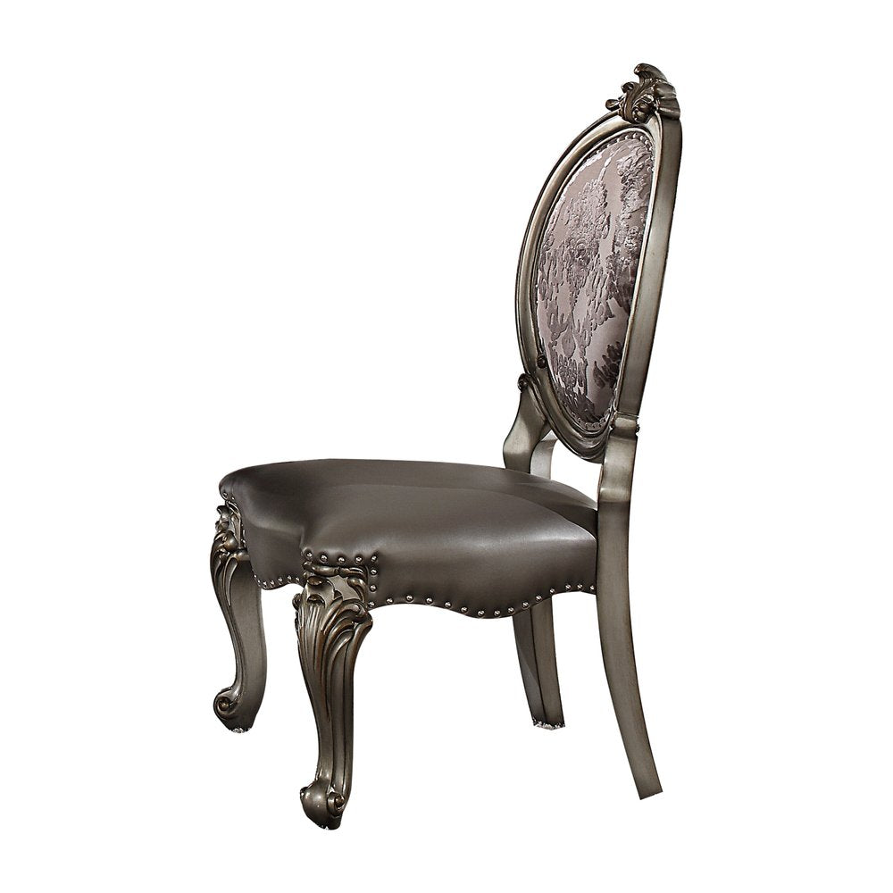 Set of Two Silver and Platinum Upholstered Faux Leather and Solid Wood King Louis Back Dining Side Chairs