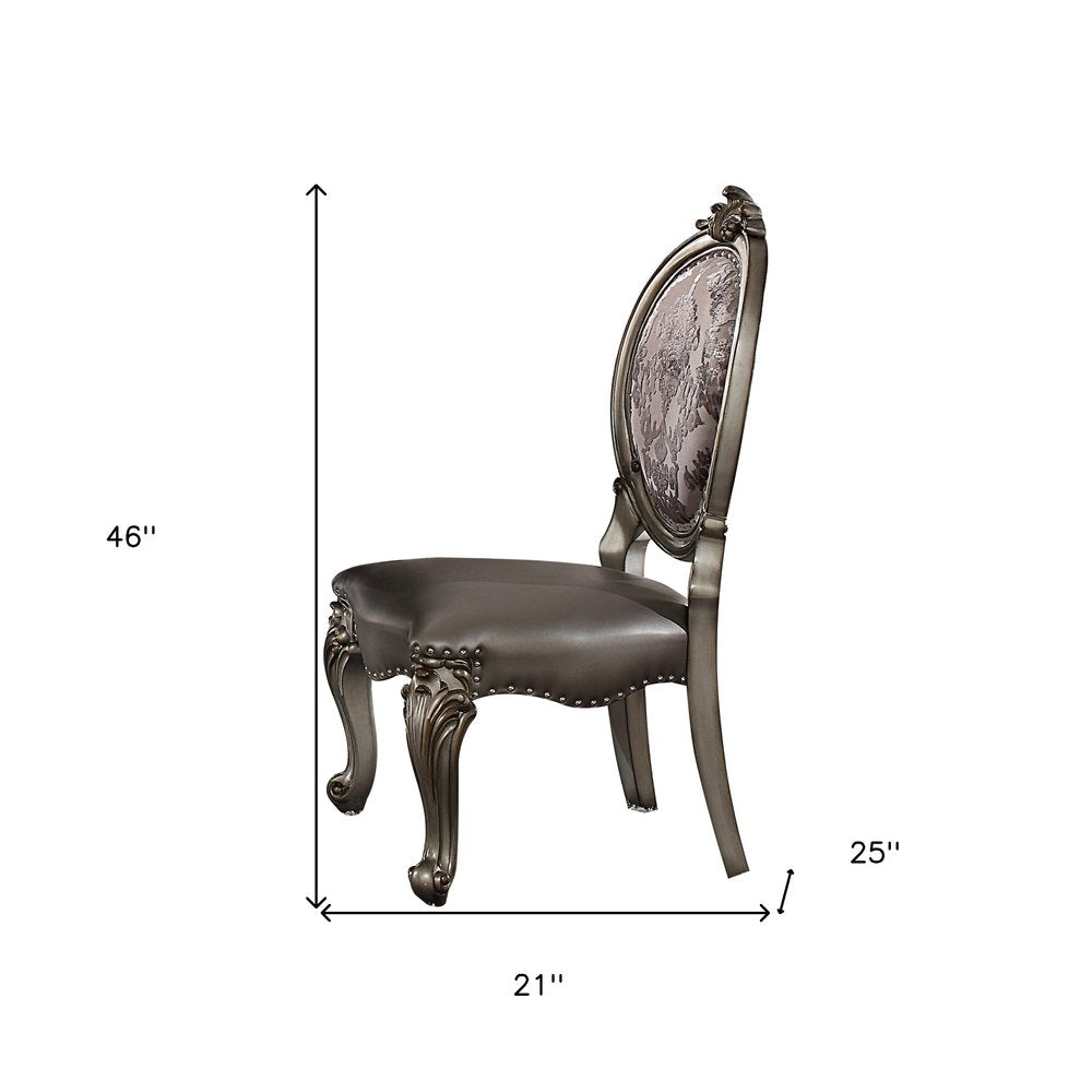 Set of Two Silver and Platinum Upholstered Faux Leather and Solid Wood King Louis Back Dining Side Chairs
