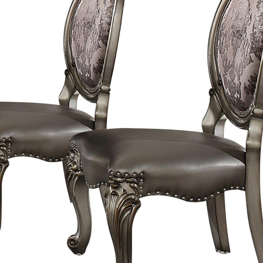 Set of Two Silver and Platinum Upholstered Faux Leather and Solid Wood King Louis Back Dining Side Chairs