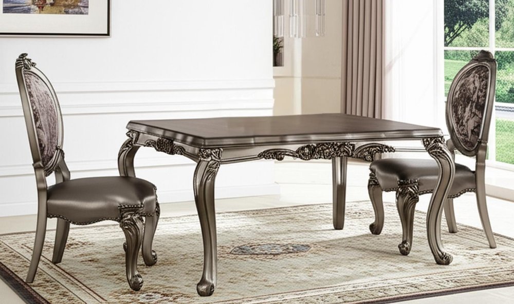Set of Two Silver and Platinum Upholstered Faux Leather and Solid Wood King Louis Back Dining Side Chairs