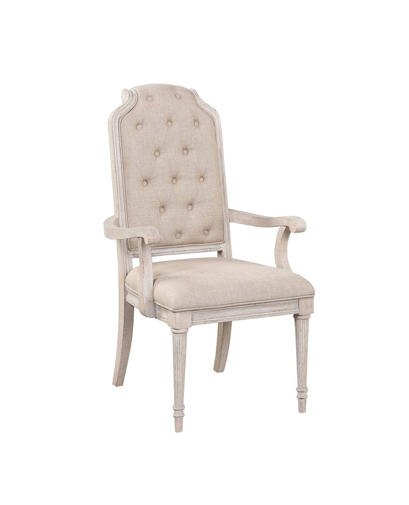 Set of Two Tufted Antiqued White and Champagne Upholstered Fabric and Solid Wood Dining Arm Chairs