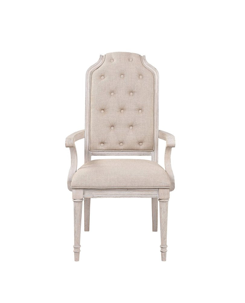 Set of Two Tufted Antiqued White and Champagne Upholstered Fabric and Solid Wood Dining Arm Chairs