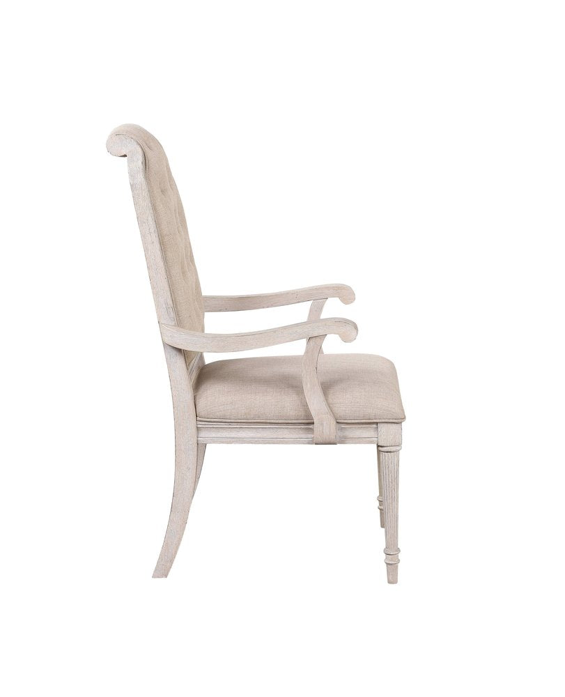Set of Two Tufted Antiqued White and Champagne Upholstered Fabric and Solid Wood Dining Arm Chairs