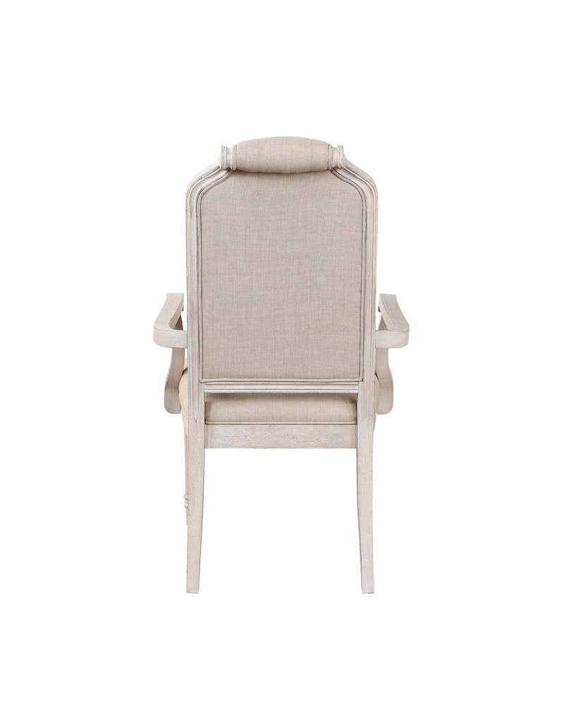 Set of Two Tufted Antiqued White and Champagne Upholstered Fabric and Solid Wood Dining Arm Chairs