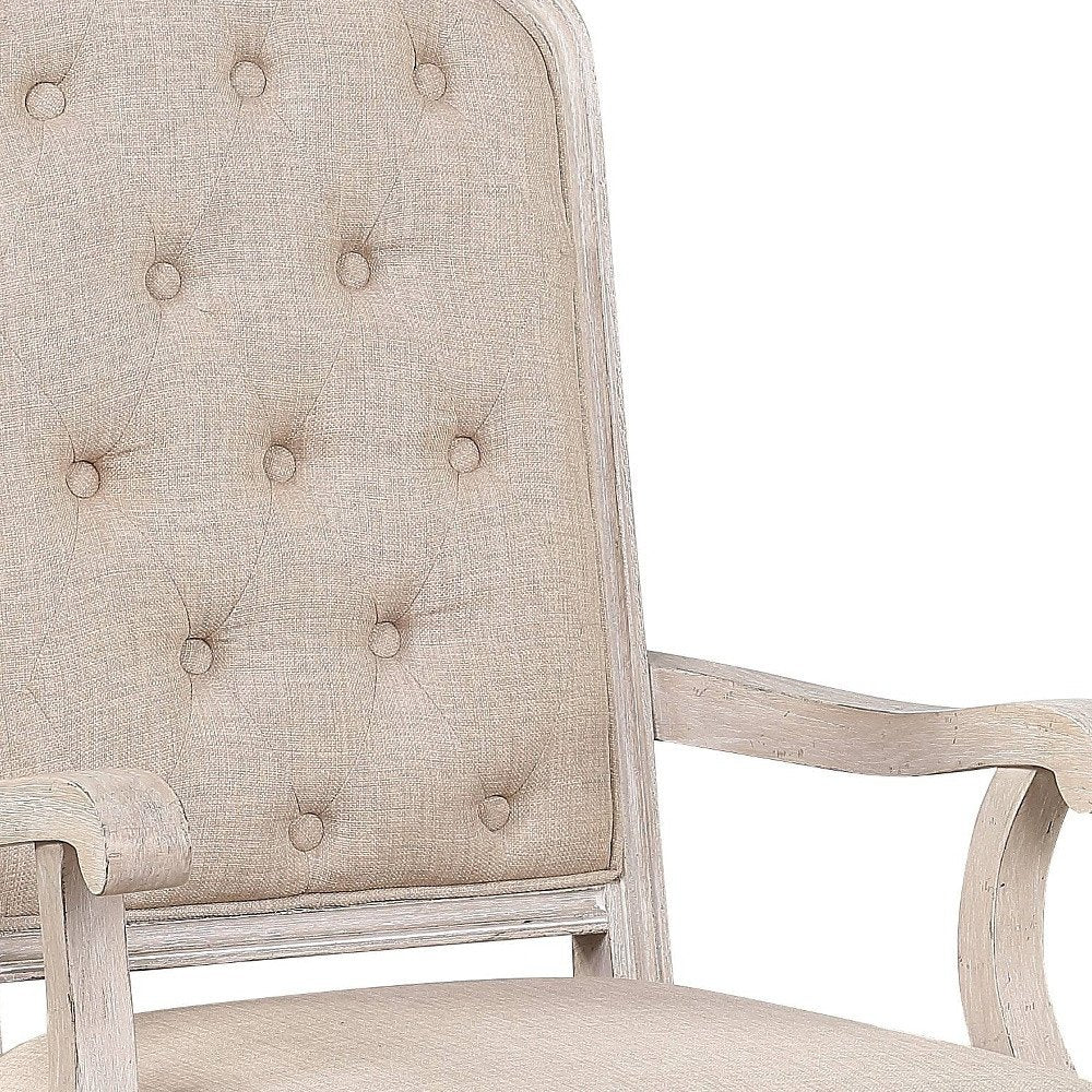 Set of Two Tufted Antiqued White and Champagne Upholstered Fabric and Solid Wood Dining Arm Chairs