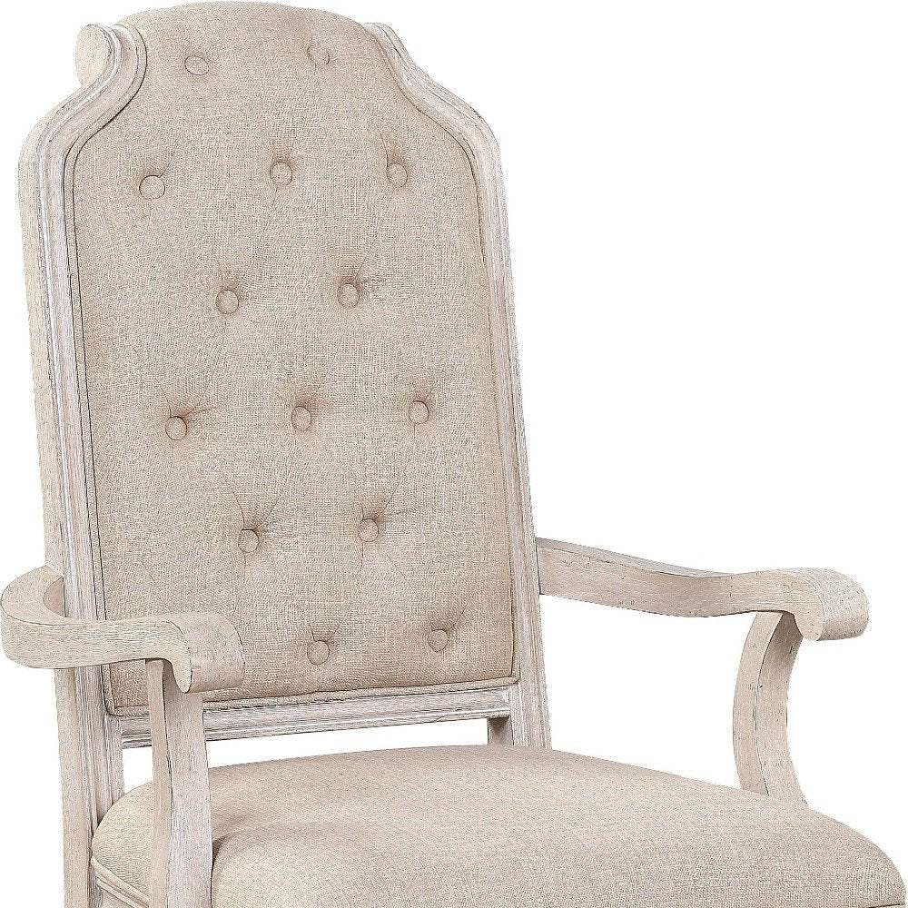 Set of Two Tufted Antiqued White and Champagne Upholstered Fabric and Solid Wood Dining Arm Chairs
