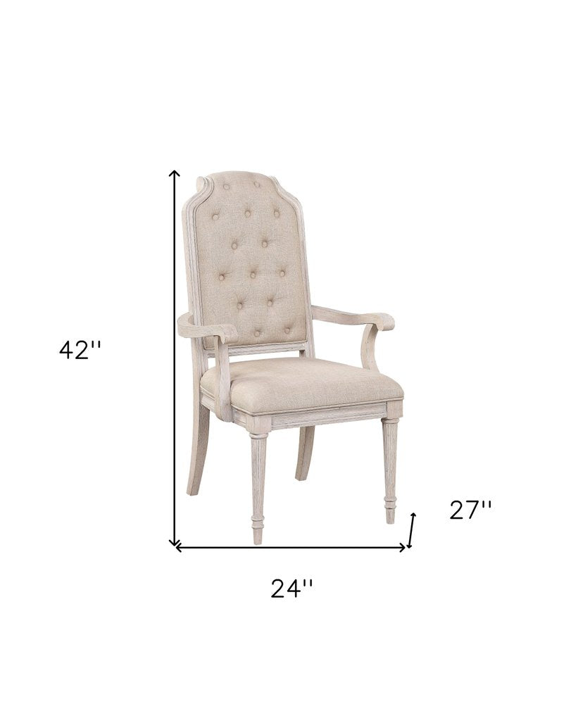 Set of Two Tufted Antiqued White and Champagne Upholstered Fabric and Solid Wood Dining Arm Chairs