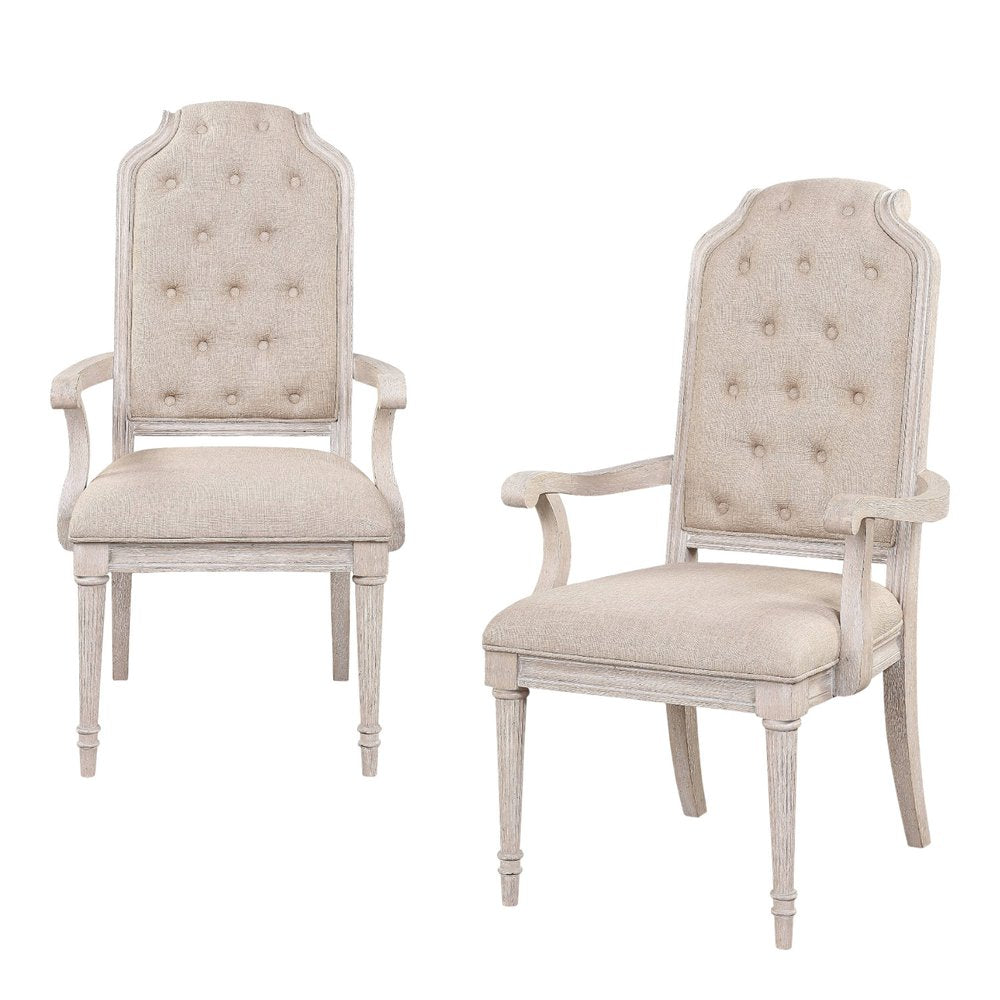 Set of Two Tufted Antiqued White and Champagne Upholstered Fabric and Solid Wood Dining Arm Chairs