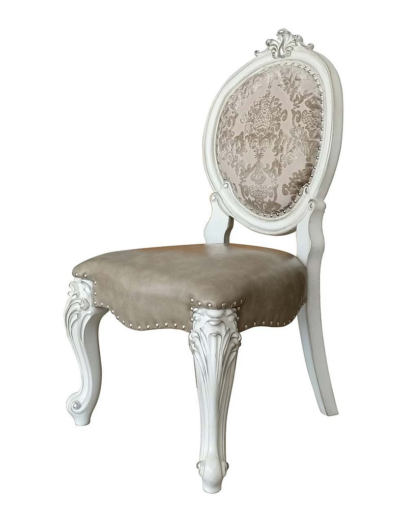 Set of Two Gray and White Upholstered Faux Leather and Solid Wood King Louis Back Dining Side Chairs
