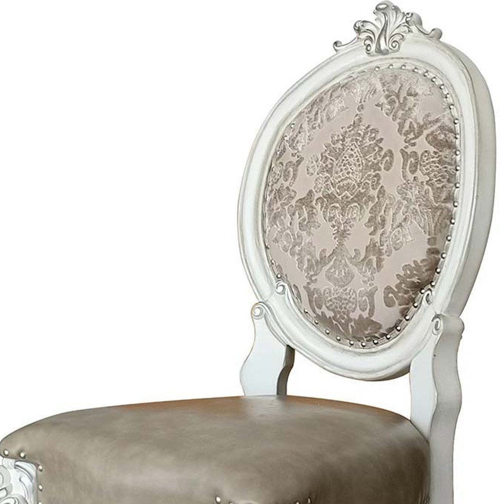 Set of Two Gray and White Upholstered Faux Leather and Solid Wood King Louis Back Dining Side Chairs