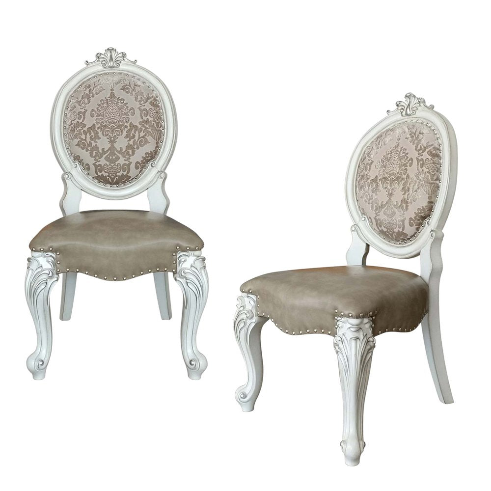 Set of Two Gray and White Upholstered Faux Leather and Solid Wood King Louis Back Dining Side Chairs