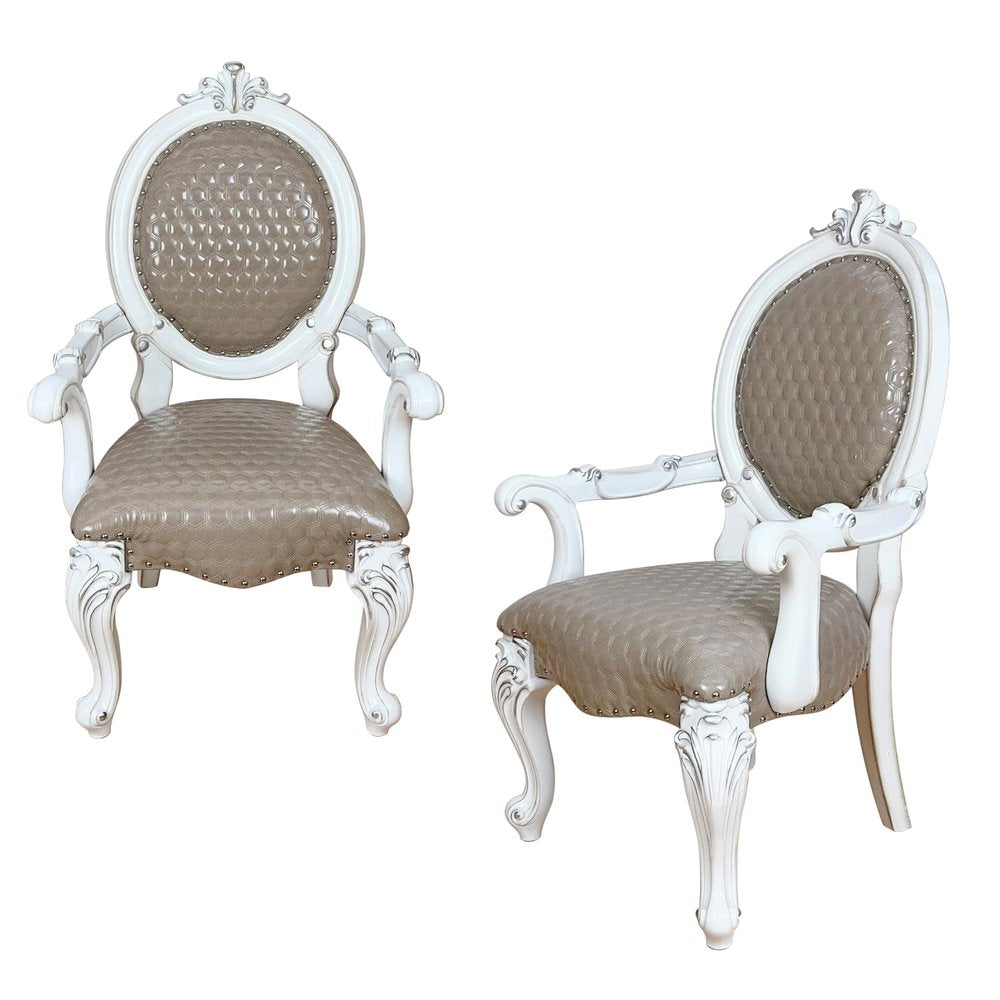 Set of Two Gray and White Upholstered Faux Leather and Solid Wood King Louis Back Dining Arm Chairs