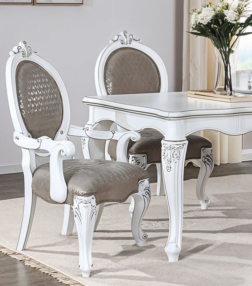 Set of Two Gray and White Upholstered Faux Leather and Solid Wood King Louis Back Dining Arm Chairs