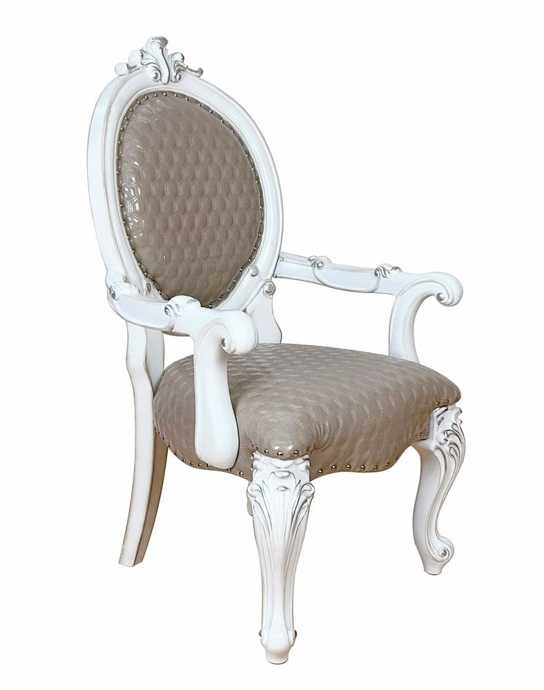 Set of Two Gray and White Upholstered Faux Leather and Solid Wood King Louis Back Dining Arm Chairs
