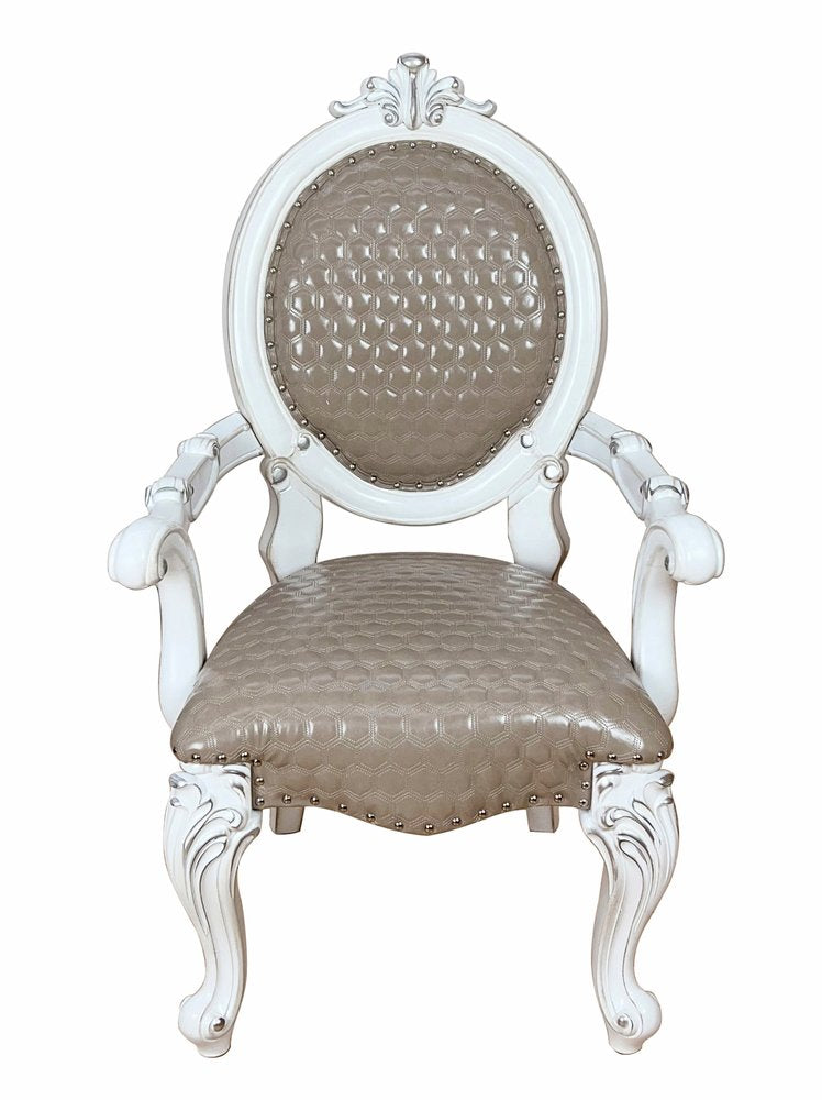 Set of Two Gray and White Upholstered Faux Leather and Solid Wood King Louis Back Dining Arm Chairs