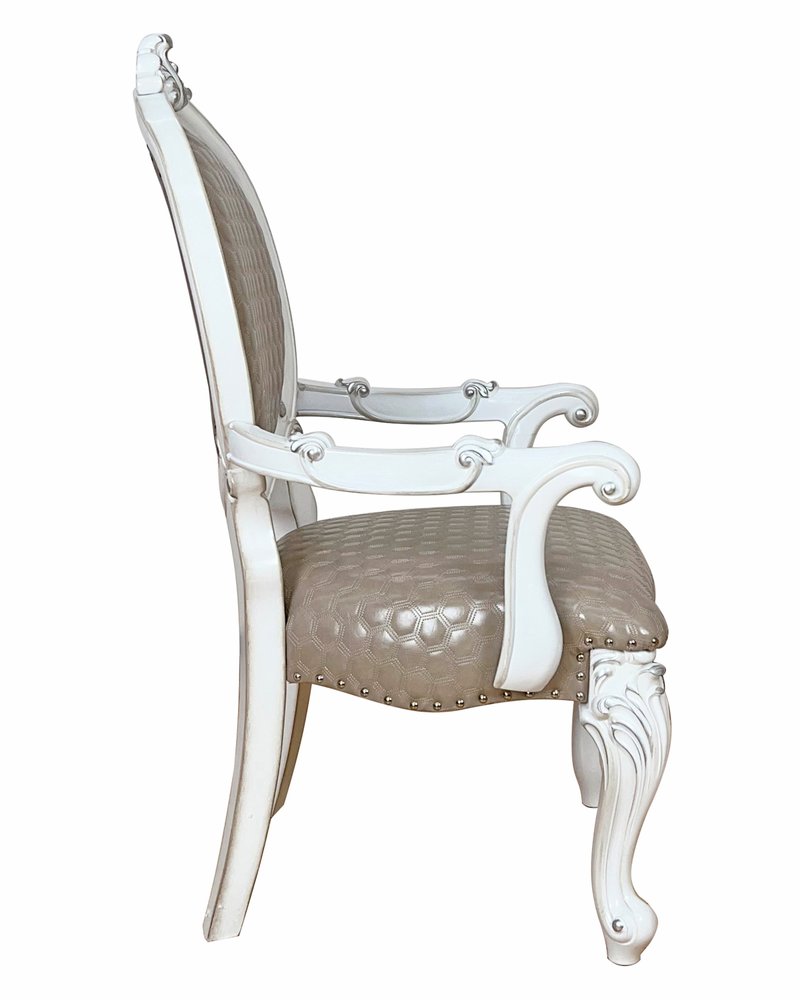 Set of Two Gray and White Upholstered Faux Leather and Solid Wood King Louis Back Dining Arm Chairs
