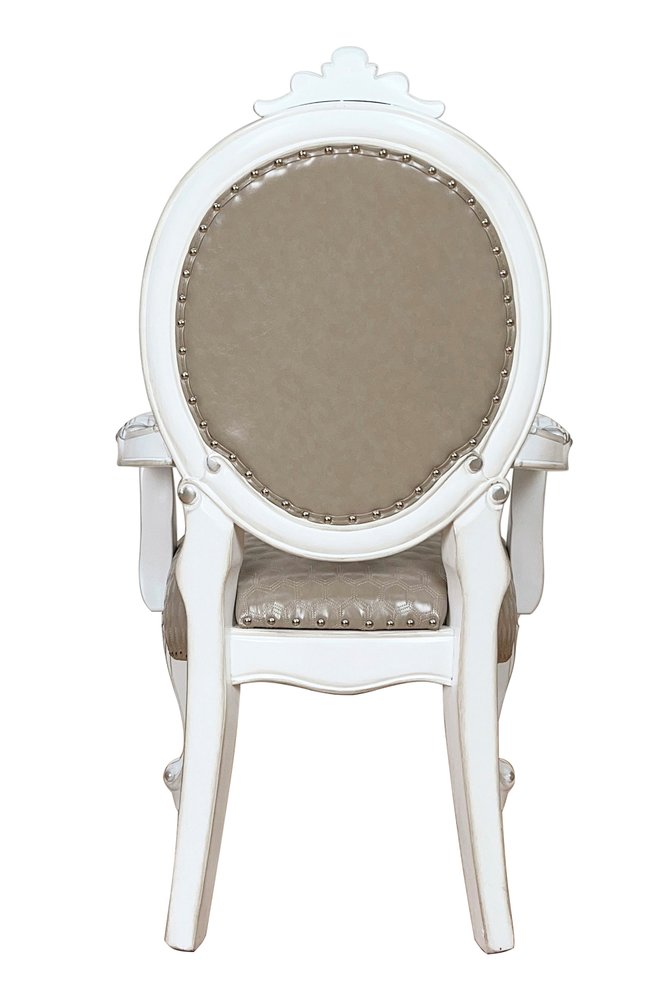 Set of Two Gray and White Upholstered Faux Leather and Solid Wood King Louis Back Dining Arm Chairs