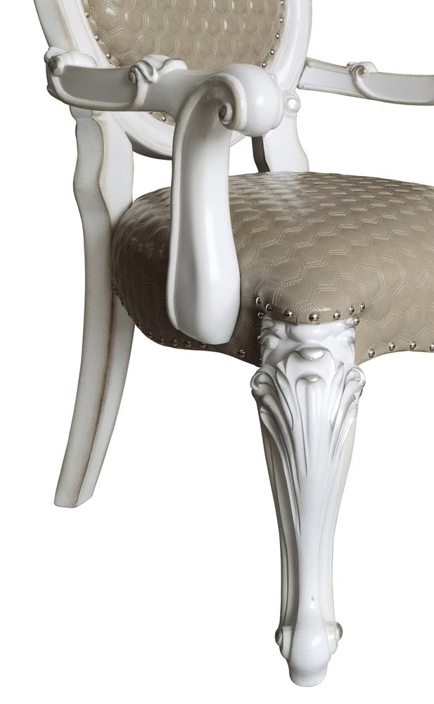 Set of Two Gray and White Upholstered Faux Leather and Solid Wood King Louis Back Dining Arm Chairs