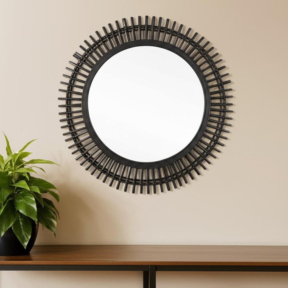 Black Bamboo Pierced Round Accent Mirror - 31-inch