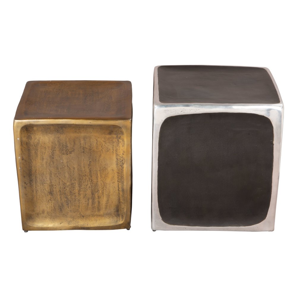 Set of Two Black Silver and Antiqued Brass Aluminum Square Block End Tables