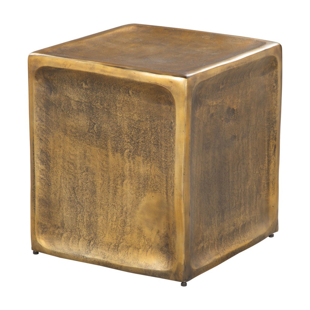 Set of Two Black Silver and Antiqued Brass Aluminum Square Block End Tables