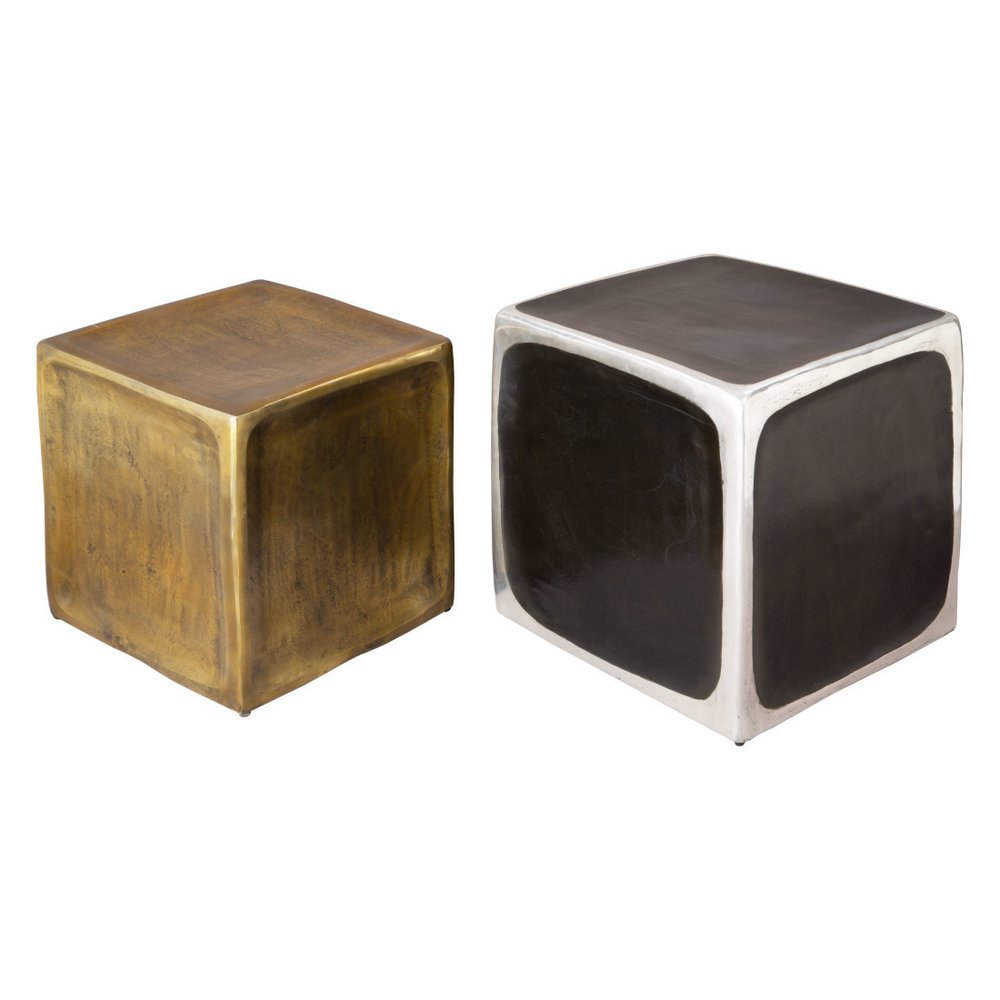 Set of Two Black Silver and Antiqued Brass Aluminum Square Block End Tables