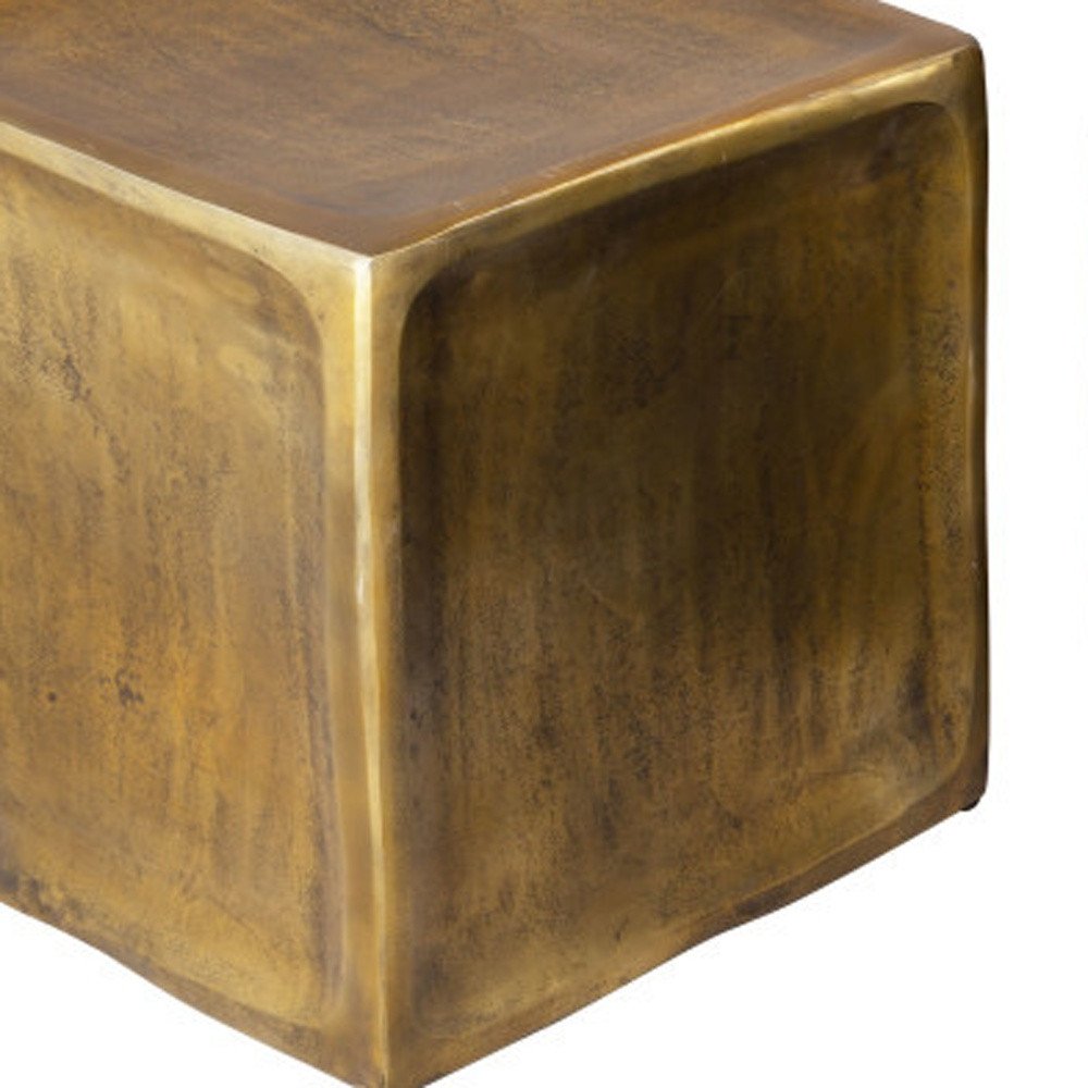 Set of Two Black Silver and Antiqued Brass Aluminum Square Block End Tables