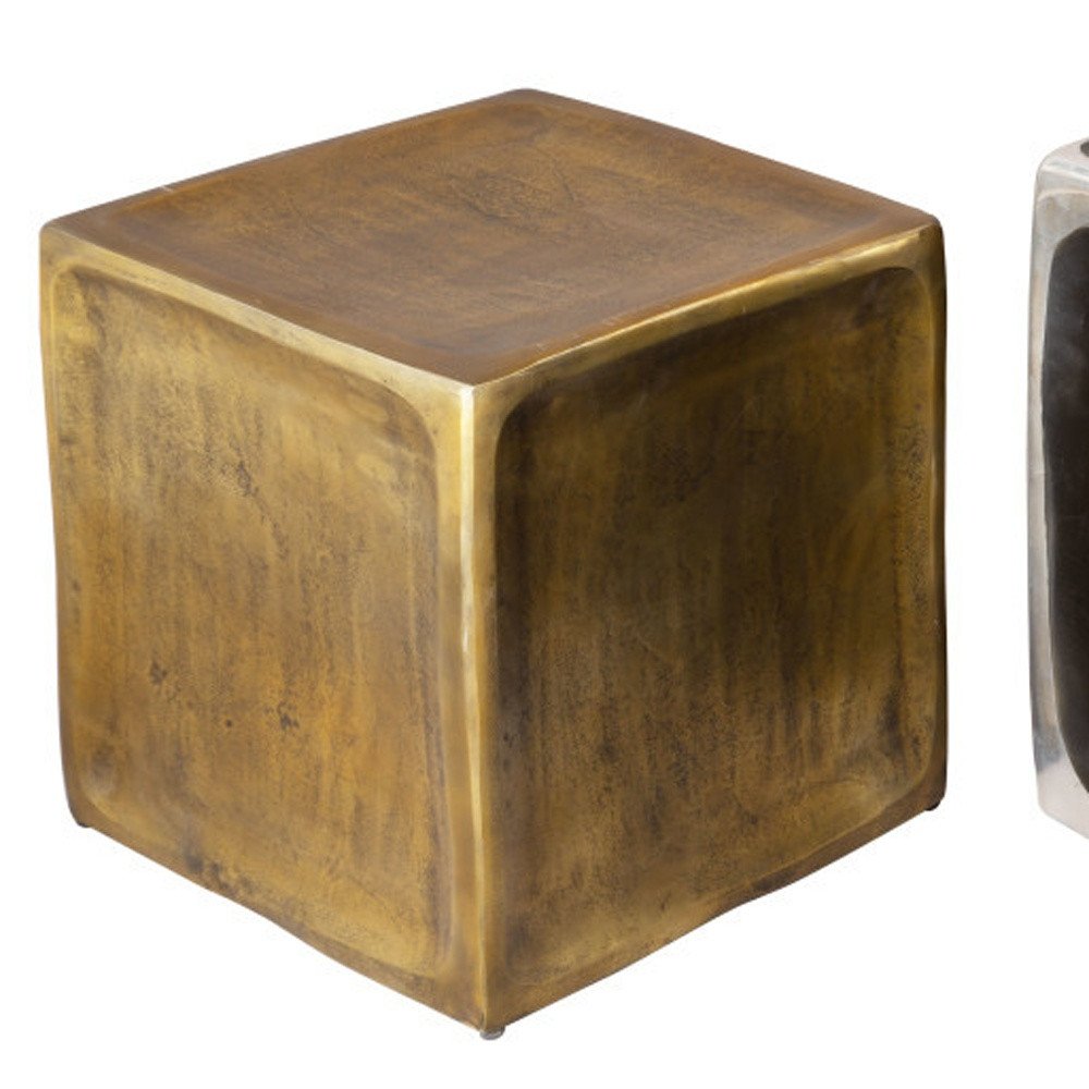 Set of Two Black Silver and Antiqued Brass Aluminum Square Block End Tables