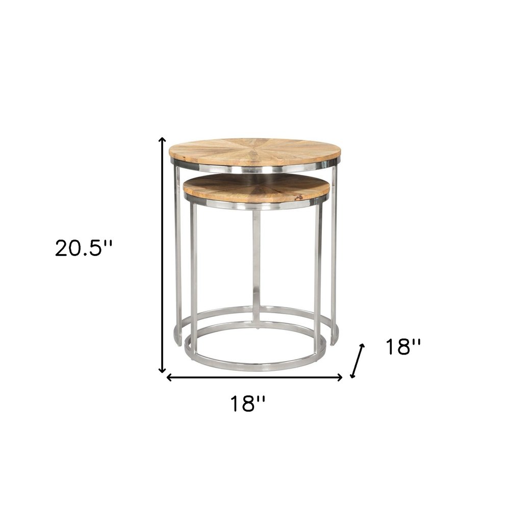 Set of Two Natural and Silver Solid Wood and Iron Round Frame Nested Tables